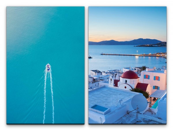 2 Bilder je 60x90cm Griechenland Santorini Mediterran Boot Türkis Mittelmeer Urlaub