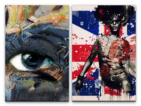 2 Bilder je 60x90cm Pop Art Britannien Flagge Farbenfroh Flecken junge Frau Auge