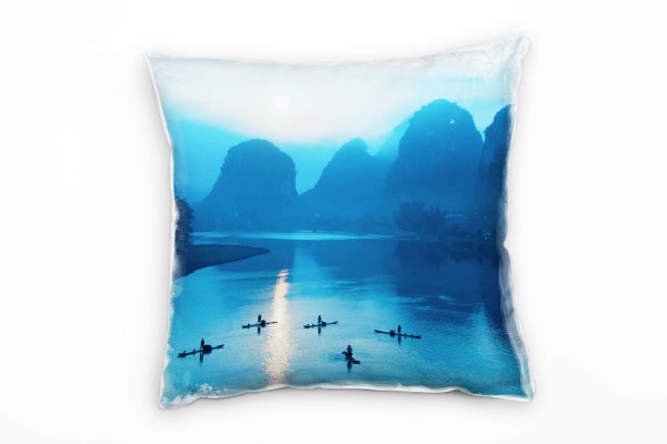 Landschaft, blau, Bergkette, Sonnenaufgang, Fischerboote Deko Kissen 40x40cm für Couch Sofa Lounge Z
