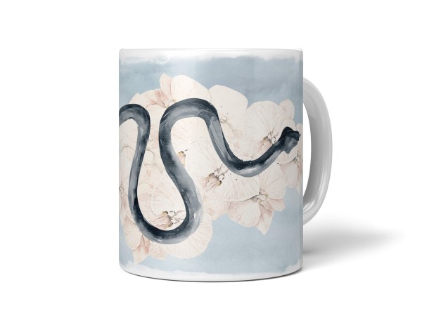 Tasse Porzellan Tier Motiv Schlange Wasserfarben weiße Blüten Aquarell