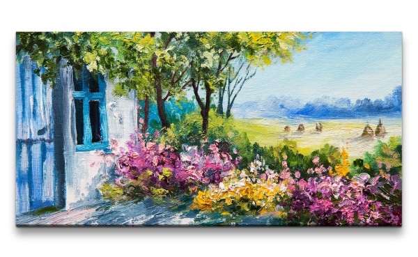 Leinwandbild 120x60cm Landhaus Landschaft Farbenfroh Malerisch Abstrakt Blumen Natur