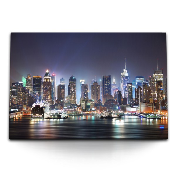 120x80cm Wandbild auf Leinwand New York bei Nacht Skyline Hochhäuser Großstadt
