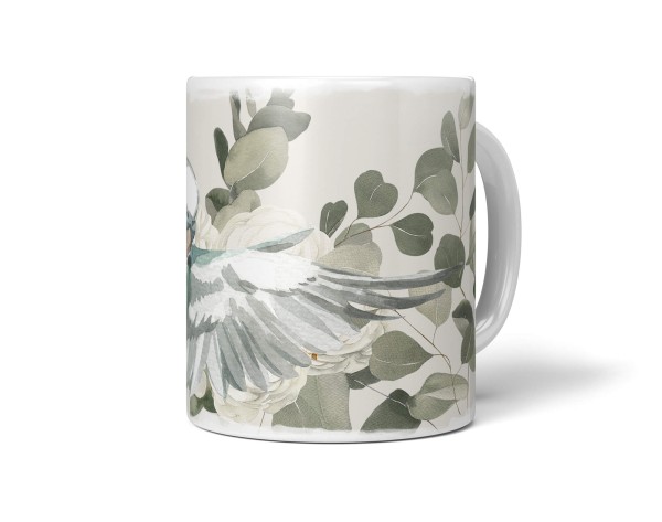 Dekorative Tasse mit schönem Vogel Motiv weißer Wellensittich Eukalyptus Pastelltöne Kunstvoll