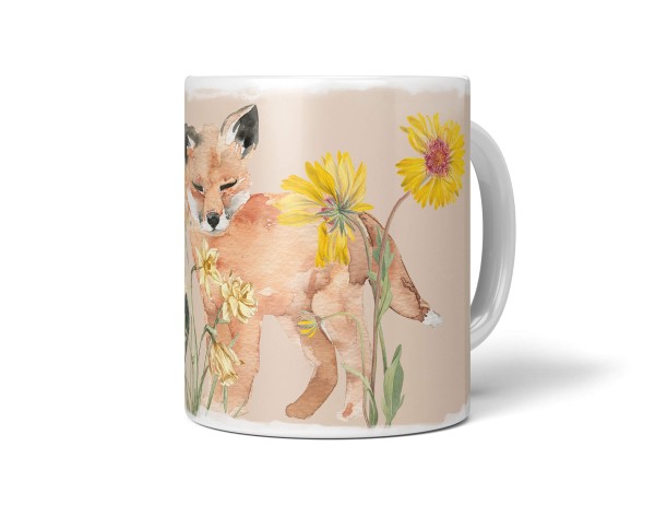 Tasse Porzellan Tier Motiv kleiner Fuchs Blumen Sonnenblume Süß Niedlich