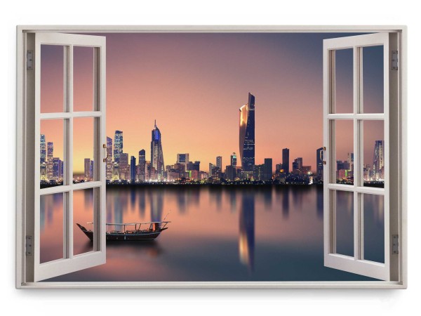 Wandbild 120x80cm Fensterbild Kuwait Skyline Megacity Hochhäuser Abenddämmerung