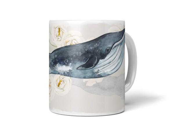 Dekorative Tasse mit schönem Motiv Wal Seiwal Wasserfarben Aquarell Blüten Kunstvoll