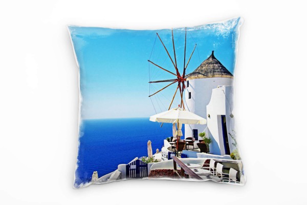 City, blau, weiß, Santorini, Windmühle, Griechenland Deko Kissen