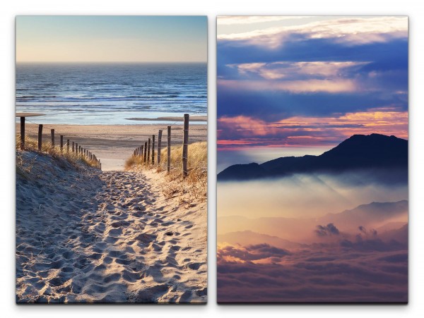 2 Bilder je 60x90cm Strandweg Sandstrand Meer Wolken Berge Horizont Sonnenstrahlen