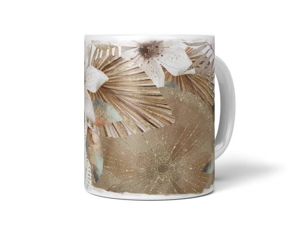 Dekorative Tasse mit schönem Motiv Pflanzen Blumen Blüten goldene Element Brauntöne