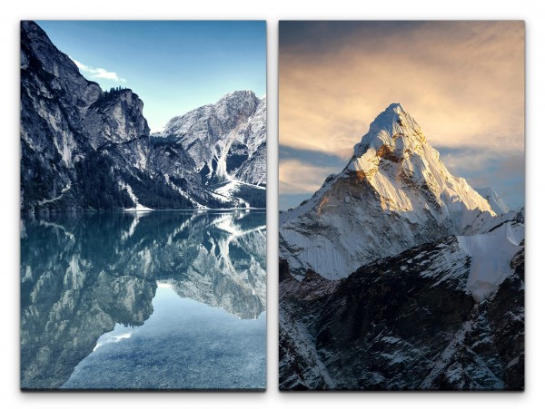2 Bilder je 60x90cm Berges Bergsee Natur Schneegipfel Unberührt Majestätisch Wunderschön