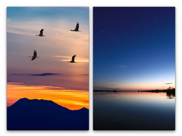 2 Bilder je 60x90cm Kraniche Vögel Berge Japan See Sonnenuntergang Fliegen