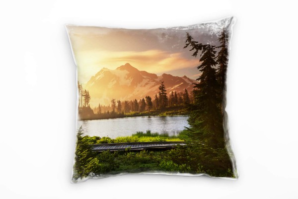 Seen, Landschaft, orange, grün, Nadelbäume, Berge Deko Kissen 40x40cm für Couch Sofa Lounge Zierkiss