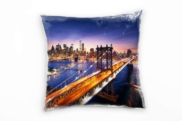 City, New York, Manhattan, Nacht, blau, orange Deko Kissen 40x40cm für Couch Sofa Lounge Zierkissen