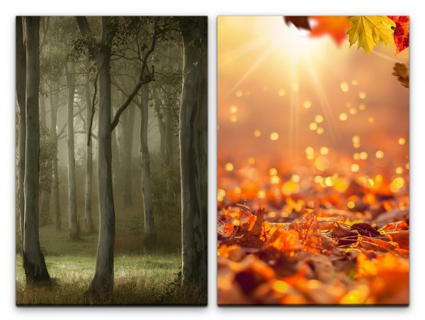 2 Bilder je 60x90cm Wald Herbst Laub Sonnenstrahlen Zauberhaft Natur Heilsam