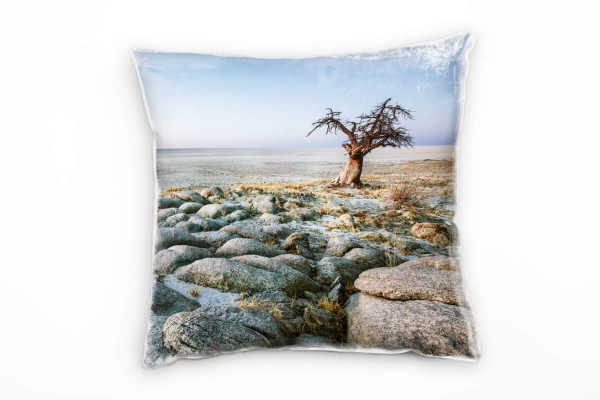 Strand und Meer, Baum, Steine, grau, orange, blau Deko Kissen 40x40cm für Couch Sofa Lounge Zierkiss