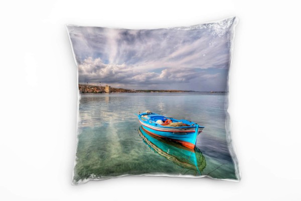 Meer, City, bunt, Boote in einer Bucht, Griechenland Deko Kissen 40x40cm für Couch Sofa Lounge Zierk