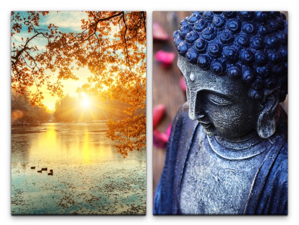 2 Bilder je 60x90cm Herbst See Enten Buddha Natur Meditation Sonnenstrahlen