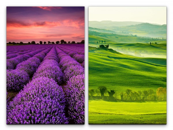 2 Bilder je 60x90cm Toskana Italien Lavendel Lavendelfeld Sonnenaufgang rosa Wolken Friedlich
