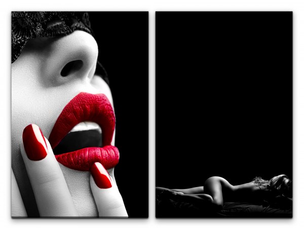2 Bilder je 60x90cm Sexy Lippen Rot Frau Akt Schwarz Weiß