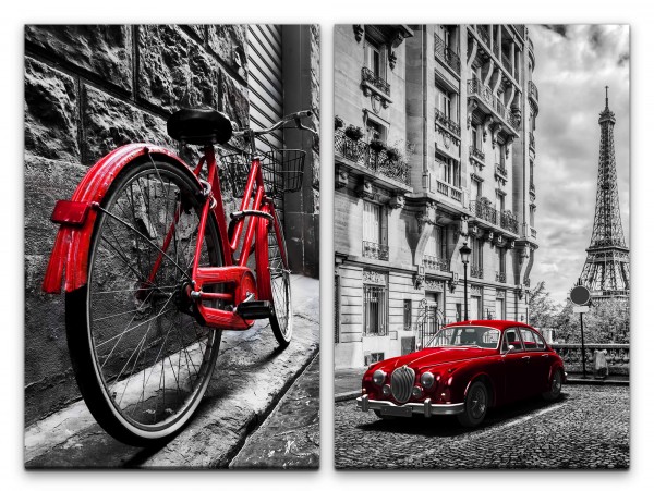2 Bilder je 60x90cm Rotes Fahrrad Paris Oldtimer Schwarz Rot Frankreich Fotokunst Altstadt