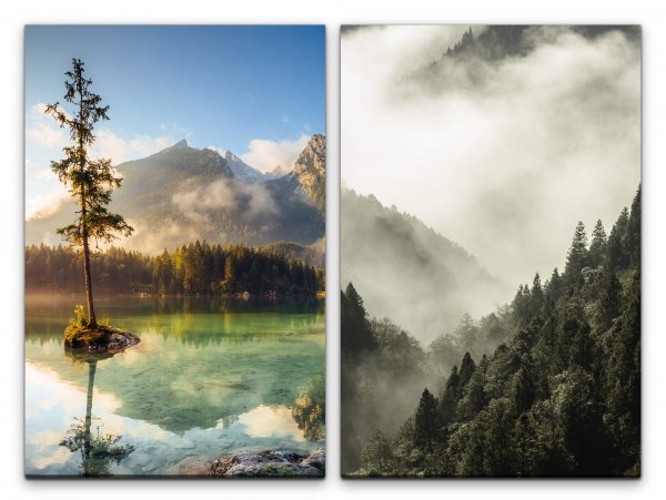 2 Bilder je 60x90cm Natur Unberührt Berge See Tannenwald Nebel Seelenfrieden