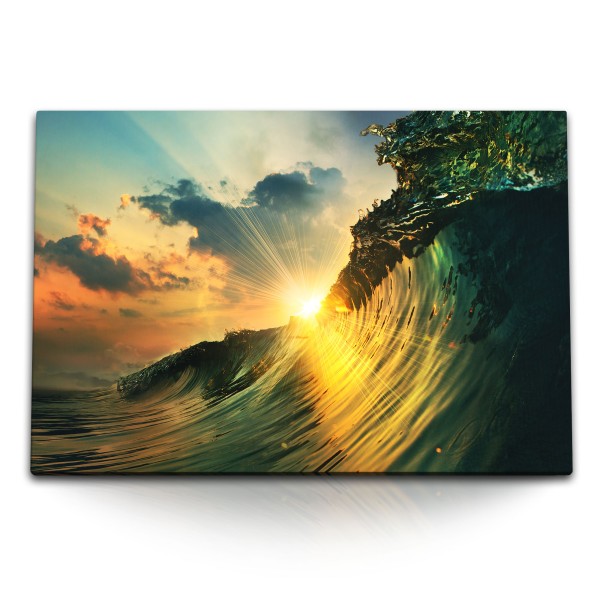 120x80cm Wandbild auf Leinwand Welle Sonnenuntergang Wasser Abendröte Surfen
