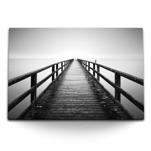 120x80cm Wandbild auf Leinwand Schwarz Weiß Fotokunst Holzsteg Meer Horizont