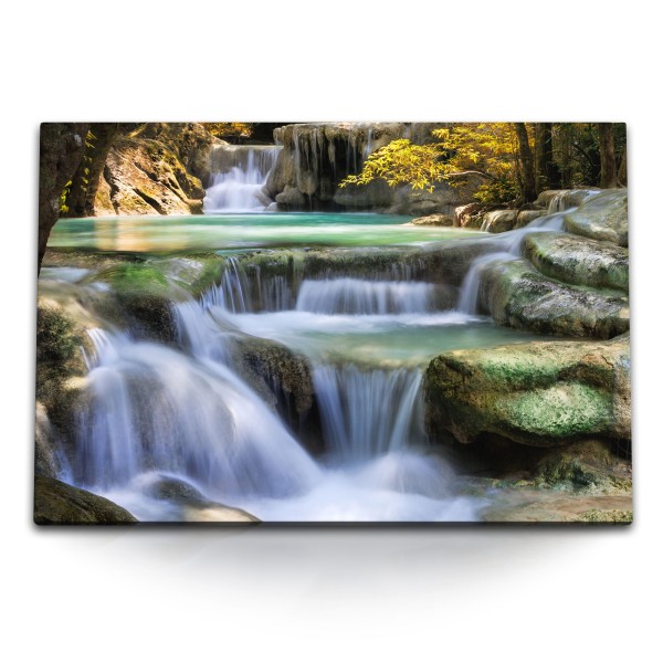 120x80cm Wandbild auf Leinwand Thailand Bach Wasserfall Natur Tropisch Exotisch