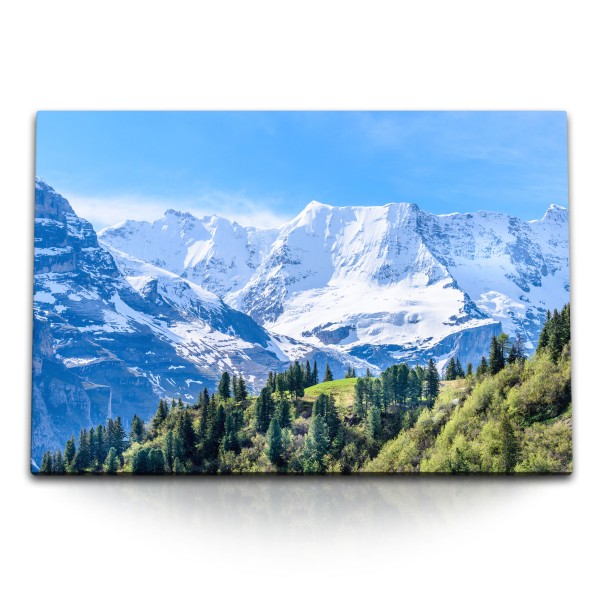 120x80cm Wandbild auf Leinwand Alpenlandschaft Natur Berge Schnee Tanne Schneegipfel