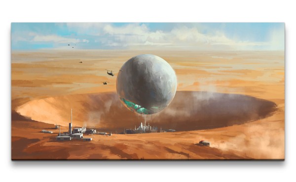 Leinwandbild 120x60cm Retro Future Fantasie Wüste Kugel Aliens Sci Fi