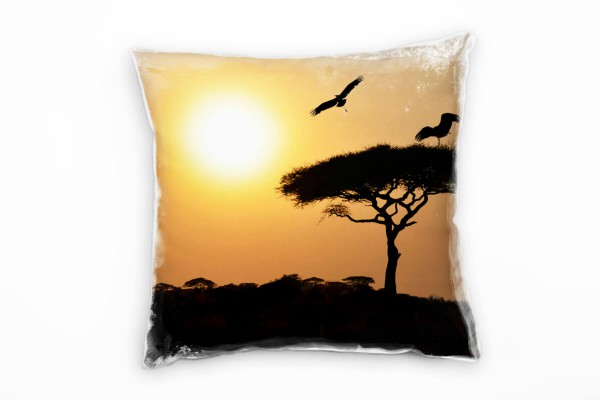 Tiere, schwarz, orange, Vögel, Silhouetten, Sonnenuntergang Deko Kissen 40x40cm für Couch Sofa Loung