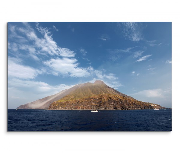 120x80cm Wandbild Stromboli Vulkan Insel Meer Boote
