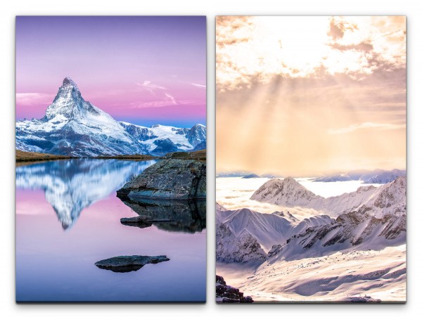 2 Bilder je 60x90cm Matterhorn Schneegipfel Schnee See Sonnenstrahlen Himmlisch Friedsam