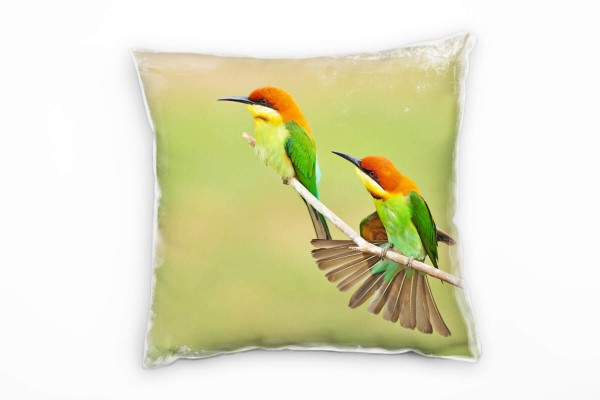 Tiere, grün, orange, zwei Bienenesser Vögel Deko Kissen 40x40cm für Couch Sofa Lounge Zierkissen