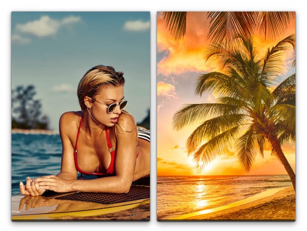 2 Bilder je 60x90cm Palmen Sexy Model Surfbrett Traumstrand Karibik Sommer Bikini