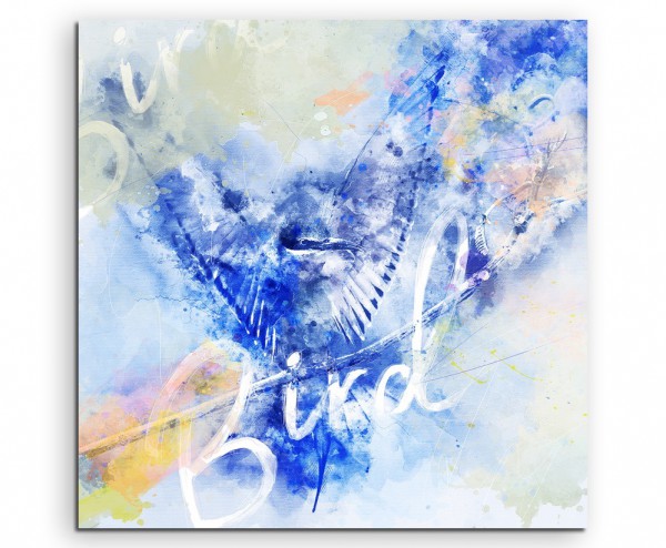 Vogel mit gespreizten Flügeln Blautönen mit Kalligraphie