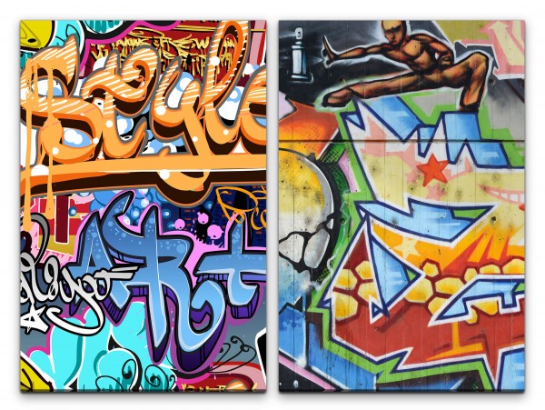 2 Bilder je 60x90cm Streetart Graffiti Wand Bunt Jugendzimmer Cool HipHop