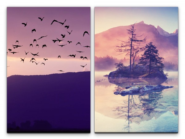 2 Bilder je 60x90cm Vogelschwarm fliegende Vögel Berge Bergsee Natur Abenddämmerung Traumhaft