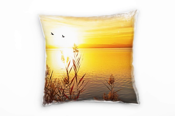 Seen, orange, gelb, Sonnenuntergang, Schilf Deko Kissen 40x40cm für Couch Sofa Lounge Zierkissen