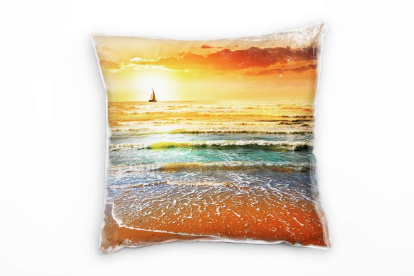 Strand und Meer, orange, Sonnenuntergang, Segelboot Deko Kissen 40x40cm für Couch Sofa Lounge Zierki
