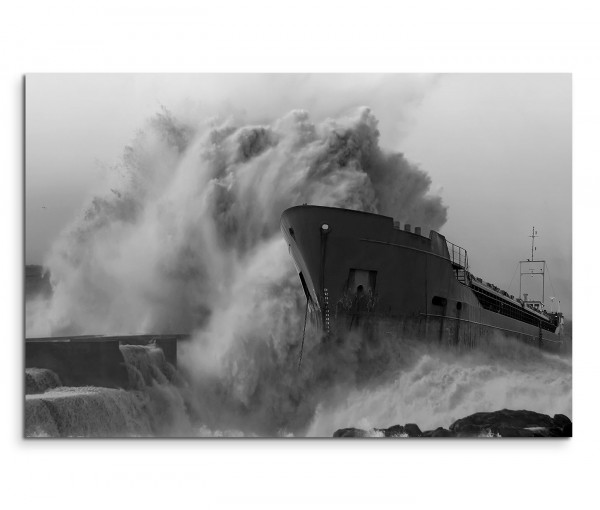 120x80cm Wandbild Meer Schiff Sturm Riesenwelle
