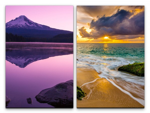 2 Bilder je 60x90cm Fuji Vulkan Meer Horizont Sonnenuntergang Wolken Stille