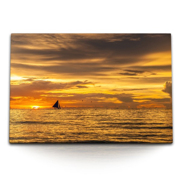 120x80cm Wandbild auf Leinwand Segelboot Horizont roter Himmel Sonnenuntergang Meer