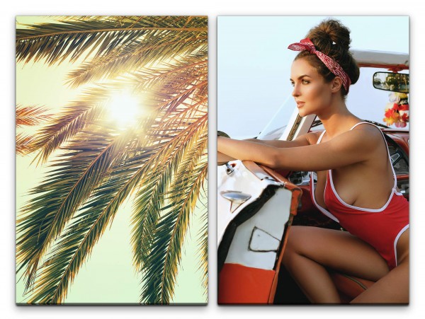 2 Bilder je 60x90cm Palmen Kalifornien 50er Jahre junge Frau Bikini Strand Sommer