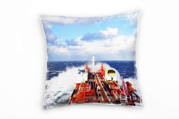 Meer, blau, rot, Wellen, Frachtschiff Deko Kissen 40x40cm für Couch Sofa Lounge Zierkissen