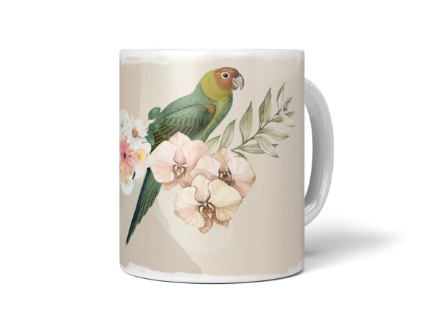 Dekorative Tasse mit schönem Vogel Motiv Wellensittich Blumen Blüten Exotisch Pastelltöne