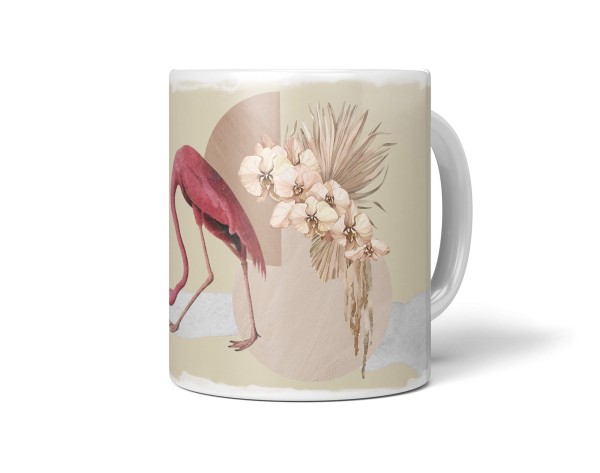 Dekorative Tasse mit schönem Vogel Motiv Flamingo Blumen Blüten Pastelltöne Wasserfarben