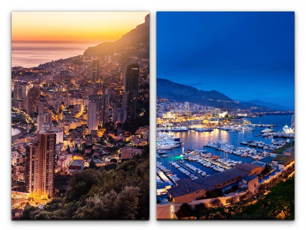 2 Bilder je 60x90cm Nizza Frankreich Riviera Sonnenuntergang Wolkenkratzer Hafen Urlaub