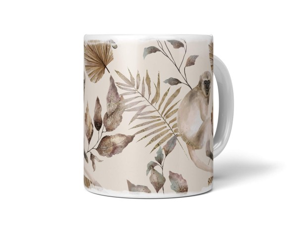 Dekorative Tasse mit schönem Motiv Affe Pflanzen einzigartiges Design Beige Wasserfarben