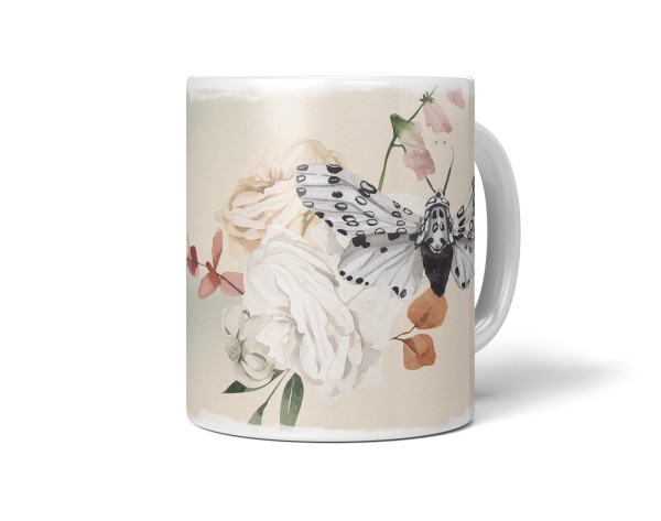 Dekorative Tasse mit schönem Motiv Motte Blumen Pastelltöne Beige Kunstvoll